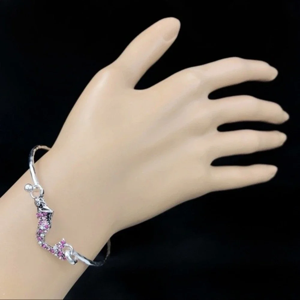 🌼 Mermaid Pink Rhinestone Silver Bangle Bracelet